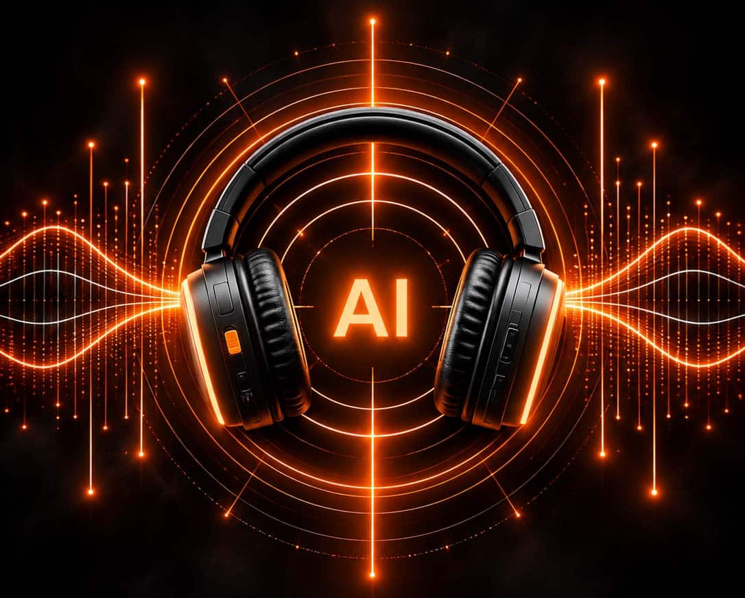 silentsystem.ai.mobi Cuffie con la scritta AI tra onde sonore arancioni: l'assistente Silentsystem AI